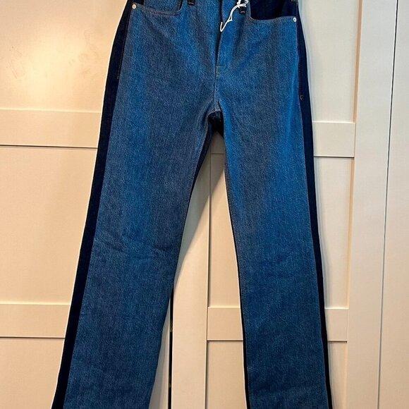 NEW Frame | Le Jane Patchwork Straight Leg Jeans In Indigo Assemble Size 25 - Picture 2 of 6